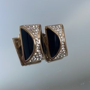 Christian Dior Earrings Black Enamel Pave crystal gold tone Art Deco Clip vtg